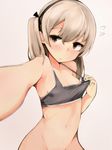  areolae armpits bad_id bad_twitter_id bare_shoulders beige_background black_bra black_ribbon blonde_hair blush bottomless bra bra_pull breasts brown_eyes cleavage collarbone flying_sweatdrops foreshortening girls_und_panzer gradient gradient_background groin hair_between_eyes hair_ribbon hairband highres inactive_account light_smile low_twintails muoto navel out-of-frame_censoring outstretched_arm reaching_out ribbon self_shot shimada_arisu short_hair sideboob simple_background small_breasts solo sports_bra standing stomach sweatdrop twintails underwear white_background 