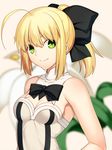  ahoge artoria_pendragon_(all) bare_shoulders blonde_hair bow dress fate/stay_night fate/unlimited_codes fate_(series) green_eyes hair_bow looking_at_viewer ponytail saber saber_lily short_hair skylader smile solo 