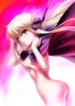  :o ass blonde_hair blush breasts brooch brown_eyes cape cowboy_shot floating_hair from_side gem hair_censor hair_ribbon jewelry long_hair looking_at_viewer looking_to_the_side naked_cape parted_lips pink_background purple_ribbon rewrite ribbon sapphire_(stone) senri_akane sideboob sidelocks simple_background small_breasts solo standing very_long_hair wind wind_lift zen 