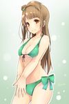  bangs bikini bow breasts brown_eyes brown_hair cleavage cowboy_shot front-tie_bikini front-tie_top green_bikini green_bow hair_bow hands_together highres korezyanai long_hair looking_at_viewer love_live! love_live!_school_idol_project medium_breasts minami_kotori one_side_up outline side-tie_bikini smile solo standing swimsuit white_outline 