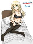  atago_(kantai_collection) bad_id bad_pixiv_id bed bed_sheet blonde_hair bra breasts cleavage dutchko green_eyes highres kantai_collection large_breasts long_hair looking_at_viewer panties pantyhose pillow simple_background sitting smile solo underwear undressing white_background 