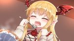  :d ^_^ blonde_hair closed_eyes collared_shirt eating fang fooyuta granblue_fantasy head_wings highres long_hair open_mouth pointy_ears shingeki_no_bahamut shirt smile solo udon vampy wing_collar 