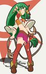  bangs blunt_bangs boots colorized commentary_request detached_sleeves feena_(grandia) grandia grandia_i green_eyes green_hair hair_tubes holding holding_weapon holding_whip long_hair looking_at_viewer low_ponytail midriff miniskirt shadow shino_(ponjiyuusu) sidelocks skirt smile solo strapless thighhighs translation_request tubetop very_long_hair weapon whip wide_sleeves 