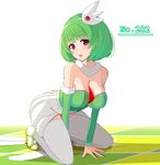  arm_warmers bad_anatomy bare_shoulders breasts cleavage gardevoir gen_3_pokemon green_hair hair_ornament highres jewelry kneeling large_breasts mikaponcho open_mouth personification pink_eyes pokemon ring sandals solo thighhighs white_legwear 