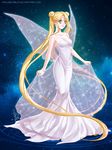  2015 absurdly_long_hair bare_shoulders bishoujo_senshi_sailor_moon blonde_hair blue_background collarbone crescent crescent_earrings double_bun dress earrings facial_mark forehead_mark full_body highres jewelry lirahalovna long_hair looking_at_viewer princess_serenity see-through signature solo standing strapless strapless_dress tsukino_usagi twintails very_long_hair watermark web_address white_dress 