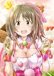  :d blush breasts brown_eyes brown_hair cake candy cookie dessert detached_collar earrings food fruit gloves hair_ornament highres idolmaster idolmaster_cinderella_girls jewelry kamelie large_breasts lollipop looking_at_another mimura_kanako open_mouth ribbon short_hair smile solo sparkle strawberry sweet2_happy sweets wrist_cuffs 