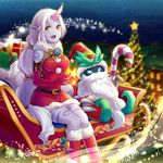  1girl bad_santa_veigar beard bell belt black_skin blue_eyes boots candy candy_cane christmas christmas_tree elbow_gloves facial_hair food fur-trimmed_boots fur_trim gift gloves hat horn knee_boots konomoto_(knmtzzz) league_of_legends long_hair looking_at_viewer open_mouth ornament pointy_ears ponytail purple_skin red_footwear red_gloves sack santa_boots santa_hat sitting sleigh smile soraka star veigar very_long_hair white_hair yellow_eyes 