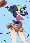  android black_gloves blush bouncing_breasts breasts dimension_w gloves green_eyes green_hair hat large_breasts looking_back navel no_panties open_mouth shirono short_hair skirt solo vest wind wind_lift yurizaki_mira 