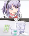  blue_eyes blush chewing_gum commentary dagashi_kashi drink_mix flower glass hair_flower hair_ornament hair_ribbon hairband looking_at_viewer manatsu_no_yo_no_inmu open_mouth packet powder purple_hair ribbon ringed_eyes shidare_hotaru short_hair smile solo spiking water youkan 