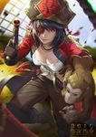  2016 black_hair black_light breasts chinese_new_year cleavage coat eyepatch gloves gun highres looking_at_viewer medium_breasts monkey original pirate red_eyes solo sword weapon 