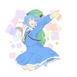  backpack bad_id bad_pixiv_id bag blue_eyes blue_hair blue_shirt blue_skirt boots cabbie_hat cattail colored_eyelashes flower full_body green_hat hair_bobbles hair_ornament hand_up hat highres honi jumping kawashiro_nitori key long_sleeves looking_at_viewer one_eye_closed open_mouth plant round_teeth rubber_boots shiny shiny_hair shirt skirt smile solo teeth tongue touhou two_side_up white_background 