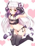  ahoge animal_band_legwear bangs bell bell_choker black_gloves black_legwear blunt_bangs braid cat_band_legwear cat_cutout cat_lingerie choker cleavage_cutout double_bun frills fur_trim gloves haku_(p&amp;d) heart jingle_bell kneeling long_hair meme_attire multicolored_hair navel panties paw_pose purple_hair puzzle_&amp;_dragons shouni_(sato3) side-tie_panties solo tail thighhighs tiger_tail two-tone_hair underwear very_long_hair white_hair yellow_eyes 