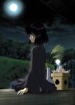  bishoujo_senshi_sailor_moon black_hair black_shirt black_skirt food full_moon hino_ryutaro looking_at_viewer looking_back moon night outdoors pantyhose profile purple_eyes shirt short_hair sitting skirt solo tomoe_hotaru 