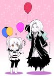 1boy 1girl arm_up balloon beard blue_eyes boots chaldea_uniform facial_hair fate/apocrypha fate/grand_order fate_(series) floating fujimaru_ritsuka_(female) holding holding_balloon koshiro_itsuki long_hair long_sleeves looking_up open_mouth pantyhose partially_colored short_hair side_ponytail skirt vlad_iii_(fate/apocrypha) yellow_eyes 