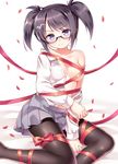  arm_support bad_id bad_pixiv_id bangs between_legs black_hair black_legwear breasts collarbone dress_shirt glasses hair_ornament hairclip hand_between_legs looking_at_viewer medium_breasts no_bra off_shoulder open_clothes open_shirt pantyhose petals pleated_skirt pop'n_music purple_eyes ribbon root@chou_dou-ken semi-rimless_eyewear shirt shouni_(sato3) sidelocks sitting skirt solo swept_bangs twintails under-rim_eyewear 