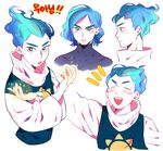  1boy absurdres alternate_hairstyle bad_id bad_twitter_id blue_eyes blue_hair borrowed_character crossed_arms expressions high_collar highres ive_(sleeping_earth) korean male_focus multiple_views o2_(o2mm) open_mouth original simple_background smile sun_(symbol) turtleneck white_background 