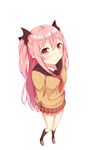  2429144768 bangs black_legwear blush full_body highres krul_tepes long_hair long_sleeves looking_at_viewer owari_no_seraph pink_hair pointy_ears red_eyes red_skirt school_uniform serafuku skirt socks solo sweater two_side_up vampire very_long_hair 