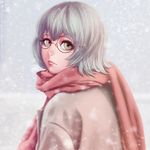  artist_name black-framed_eyewear brown_coat coat deviantart_username duplicate eto_(tokyo_ghoul) expressionless glasses green_eyes lips looking_at_viewer miura-n315 motion_blur red_scarf scarf short_hair silver_hair snowflakes snowing solo tokyo_ghoul upper_body watermark web_address 