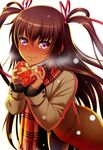  aoi_nagisa_(metalder) blush box brown_hair chocolate chocolate_heart coat dark_skin gift heart heart-shaped_box highres long_hair looking_at_viewer mizuki_yukikaze pink_eyes plaid plaid_scarf scarf skirt smile snowing solo taimanin_(series) taimanin_asagi_kessen_arena taimanin_yukikaze taimanin_yukikaze_2 thighhighs two_side_up valentine white_legwear winter_clothes winter_coat 