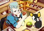  apron blue_eyes bow bowl bowtie chin_rest counter cup dog drink drinking_straw earrings from_above glass iggy_(jojo) jean_pierre_polnareff jewelry jojo_no_kimyou_na_bouken lamp male_focus no_eyebrows silver_hair smile teapot tianel_ent translation_request twitter_username wristband 