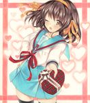  bangs black_bow black_legwear bow box brown_eyes brown_hair collarbone frame gift gift_box giving hair_ribbon heart heart-shaped_box highres kita_high_school_uniform long_sleeves looking_at_viewer marker_(medium) mugicha_(mugicha0929) neckerchief one_eye_closed open_mouth ribbon school_uniform serafuku shirt skirt solo suzumiya_haruhi suzumiya_haruhi_no_yuuutsu thighhighs traditional_media valentine zettai_ryouiki 