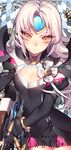  black_gloves breasts cleavage code:_nemesis_(elsword) elsword eve_(elsword) gloves gun holding holding_gun holding_weapon looking_at_viewer pika_(kai9464) pink_hair small_breasts solo weapon yellow_eyes 