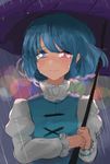  backlighting blue_eyes blue_hair blue_vest crying crying_with_eyes_open heterochromia holding holding_umbrella honi juliet_sleeves light_particles long_sleeves parted_lips puffy_sleeves rain red_eyes reflective_eyes short_hair sketch solo tatara_kogasa tears touhou turtleneck umbrella vest wind 
