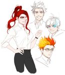  3boys bad_id bad_pixiv_id blonde_hair eyepatch fire glasses glowing glowing_eye grillby humanization lictter long_hair multicolored_hair multiple_boys orange_hair papyrus_(undertale) ponytail red_hair sans scarf short_hair silver_hair two-tone_hair undertale undyne 