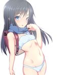  :o arched_back asashio_(kantai_collection) ayagi_daifuku backpack bad_anatomy bag black_hair blue_bra blue_eyes blue_panties blue_scarf blush bow bow_panties bra buckle cowboy_shot kantai_collection long_hair looking_at_viewer navel panties parted_lips scarf school_bag simple_background solo standing stomach underwear underwear_only very_long_hair white_background white_bow 