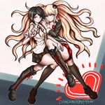  bangs black_footwear black_hair blonde_hair blue_eyes blush boots bow breasts brown_eyes choker collarbone copyright_name cross-laced_footwear danganronpa danganronpa_1 enoshima_junko fingernails freckles highres ikusaba_mukuro kibougamine_gakuen_school_uniform knee_boots kneehighs komatsuzaki_rui_(style) lace-up_boots long_fingernails long_hair looking_at_viewer medium_breasts multiple_girls nail_polish official_style oyume pleated_skirt red_nails school_uniform short_hair siblings sisters skirt socks spoilers tattoo thighs twins very_long_hair 