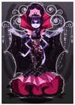  alternate_costume alternate_hairstyle artist_name black_hair commentary dress extra_eyes fangs frilled_dress frills hands_on_hips highres insect_girl looking_at_viewer muffet multiple_arms purple_eyes purple_skin rotodisk see-through silk smile solo spider_girl spider_web undertale veil 