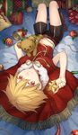  beads bed_sheet bell blonde_hair boots bow box brown_footwear cape child child_gilgamesh christmas christmas_ornaments citron_82 colored_eyelashes crop_top fate/hollow_ataraxia fate/stay_night fate_(series) fringe_trim from_behind full_body gift gift_box gilgamesh looking_at_viewer looking_back lying male_focus midriff navel on_back red_eyes shorts smile solo star stuffed_animal stuffed_toy tassel teddy_bear younger 
