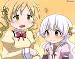  2girls abutomato blonde_hair mahou_shoujo_madoka_magica momoe_nagisa multiple_girls pencil pixiv_manga_sample school_uniform tomoe_mami white_hair yellow_eyes 