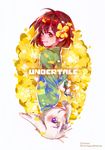  absurdres androgynous artist_name asriel_dreemurr blue_eyes brown_eyes brown_hair chara_(undertale) copyright_name flower from_side furry hair_flower hair_ornament highres holding holding_flower horns looking_at_viewer looking_to_the_side monster_boy octopus663 petals shirt simple_background smile spoilers striped striped_shirt undertale upper_body white_background 