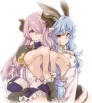  animal_ears back-to-back bare_back bare_shoulders blue_eyes blue_hair blush braid breasts brown_eyes brown_gloves bunny_ears cloak cosplay costume_switch cowboy_shot draph elbow_gloves erune eyebrows eyebrows_visible_through_hair ferry_(granblue_fantasy) fingerless_gloves from_side gloves granblue_fantasy hair_ornament hair_over_one_eye hairpin heart heart-shaped_pupils holding_hands horns interlocked_fingers large_breasts lips long_hair looking_at_viewer looking_to_the_side multiple_girls narmaya_(granblue_fantasy) pink_hair shiny shiny_skin shorts side_braid sideboob sidelocks simple_background smile standing symbol-shaped_pupils tareme thigh_strap thighs thomasz turtleneck very_long_hair white_background 