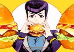  cheese diamond_wa_kudakenai earrings eating food gakuran hamburger higashikata_jousuke jewelry jojo_no_kimyou_na_bouken lettuce male_focus open_mouth pompadour purple_eyes purple_hair school_uniform solo sweater tianel_ent translation_request twitter_username upper_body 