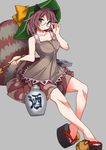  :3 animal_ears bare_arms bell bottle collarbone commentary_request cup futatsuiwa_mamizou glasses grey_background hat holding holding_pipe kiseru looking_at_viewer pince-nez pipe raccoon_ears raccoon_tail sake_bottle shirt sitting skirt sleeveless sleeveless_shirt solo tail touhou umigarasu_(kitsune1963) 