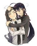  :i ^_^ ahoge atsushi_toushirou bad_id bad_pixiv_id black_hair closed_eyes crossed_arms hug male_focus multiple_boys namazuo_toushirou open_mouth ponytail smile tobacco_(tabakokobata) touken_ranbu 