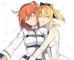  :d ^_^ ahoge artoria_pendragon_(all) bare_shoulders blonde_hair blush bow chaldea_uniform closed_eyes dress face-to-face fate/grand_order fate_(series) fujimaru_ritsuka_(female) hair_between_eyes hair_bow hair_ribbon long_hair long_sleeves multiple_girls open_mouth orange_hair orange_scrunchie petals ponytail ribbon saber saber_lily scrunchie short_hair side_ponytail simple_background sleeveless sleeveless_dress smile u_928 white_background 