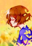  androgynous artist_name blue_shirt brown_hair closed_eyes dated flower frisk_(undertale) from_side highres light_smile octopus663 petals plant profile shirt solo undertale upper_body wind yellow_background 