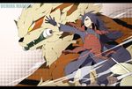  arcanine black_gloves black_hair character_name crossover fangs gen_1_pokemon gloves highres letterboxed long_hair male_focus mouth_hold naruto_(series) naruto_shippuuden ninja outstretched_arm pokemon pokemon_(creature) red_eyes scroll sharingan size_difference slit_pupils standing uchiha_madara very_long_hair yellow_eyes zaver 