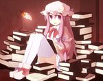 book book_stack bow capelet crescent dress full_body hair_bow hat indoors lamp long_hair long_sleeves looking_at_viewer mob_cap narira open_book open_mouth patchouli_knowledge purple_eyes purple_hair ribbon shoes sitting smile solo thighhighs touhou white_legwear wide_sleeves 