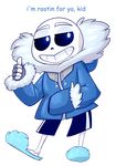  2016 absurdres english fingerless_gloves gloves highres hood hoodie male_focus sans shorts skeleton slippers smile solo thumbs_up transparent_background undertale zimmycup zipper 