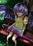  bad_id bad_pixiv_id bare_legs bat_wings bench bra_strap closed_mouth closed_umbrella collarbone commentary_request contemporary dappled_sunlight dutch_angle from_above highres hitotsuki_nebura lavender_hair looking_at_viewer no_socks off-shoulder_shirt off_shoulder outdoors red_eyes remilia_scarlet sandals shirt short_hair short_sleeves shorts sitting smile solo spread_wings sunlight touhou tree tree_shade umbrella under_tree wings yellow_shirt 