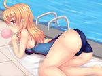  ahoge ass backless_outfit bad_deviantart_id bad_id bare_legs bare_shoulders blonde_hair blue_swimsuit blush breasts bubble bubble_blowing chewing_gum colored_eyelashes competition_swimsuit day eyebrows eyebrows_visible_through_hair fast-runner-2024 hair_between_eyes highres kneepits legs long_hair looking_at_viewer looking_back medium_breasts one-piece_swimsuit original outdoors pool pool_ladder profile red_eyes reflection shiny shiny_skin sideboob slit_pupils solo swimsuit tareme thighs tiffy tile_floor tiles very_long_hair water 