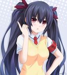  :d armlet artist_name black_hair blush clip collared_shirt grey_background hair_between_eyes hair_ribbon keenh long_hair looking_at_viewer necktie neptune_(series) noire open_mouth red_eyes red_neckwear red_ribbon ribbon shirt sidelocks simple_background smile solo sweater_vest tareme twintails upper_body v-shaped_eyebrows very_long_hair white_shirt 