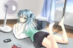  alexmaster black_skirt blue_eyes blue_hair food frilled_skirt frills handheld_game_console ice_cream indoors long_hair looking_at_viewer lying on_back original playstation_portable skirt solo 
