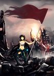  banner bare_shoulders black_hair gundam holding long_hair navel original outdoors ruins sarashi solo standard_bearer tianlluo very_long_hair yellow_eyes 