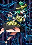  bad_id bad_pixiv_id bow commentary_request dress eldritch_abomination empty_eyes frilled_dress frills green_eyes green_hair hat hat_bow hat_ribbon highres hitotsuki_nebura komeiji_koishi looking_at_viewer pleated_skirt ribbon short_hair skirt solo tentacles third_eye torn_clothes touhou yellow_dress 
