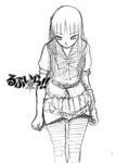  bangs bow buckle cowboy_shot g3a3_(upotte!!) greyscale highres hime_cut large_bow looking_down looking_to_the_side monochrome pantyhose pantyhose_pull school_uniform short_sleeves sketch skirt solo standing tennouji_kitsune undressing upotte!! waist_buckle watermark 